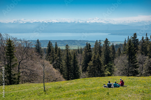 view from Jura Vaudoise over Lake Geneva to the Alps with Mont Blanc