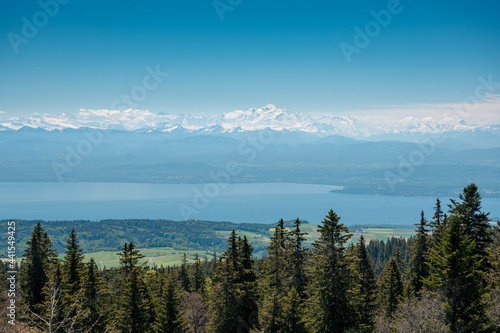 view over Lac Leman from Swiss Jura with Mont Blanc in the distance