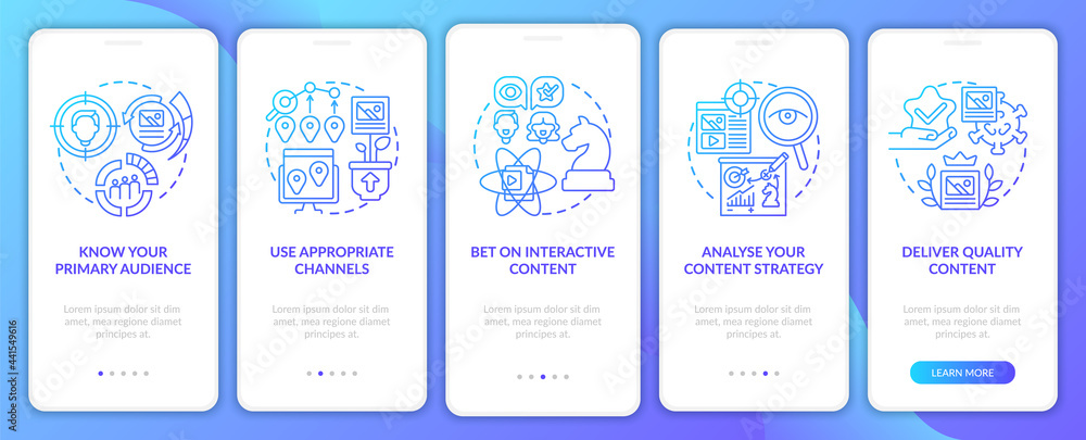 Popular content techniques onboarding mobile app page screen. Strategy analysis walkthrough 5 steps graphic instructions with concepts. UI, UX, GUI vector template with linear color illustrations