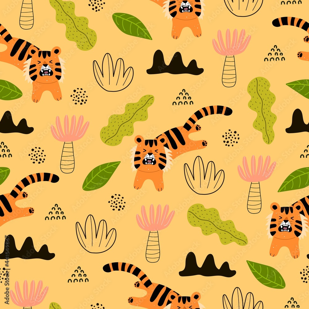 Seamless pattern with tigers, plants, decor elements. colorful vector for kids. hand drawing, flat style. baby design for fabric, print, textile, wrapper