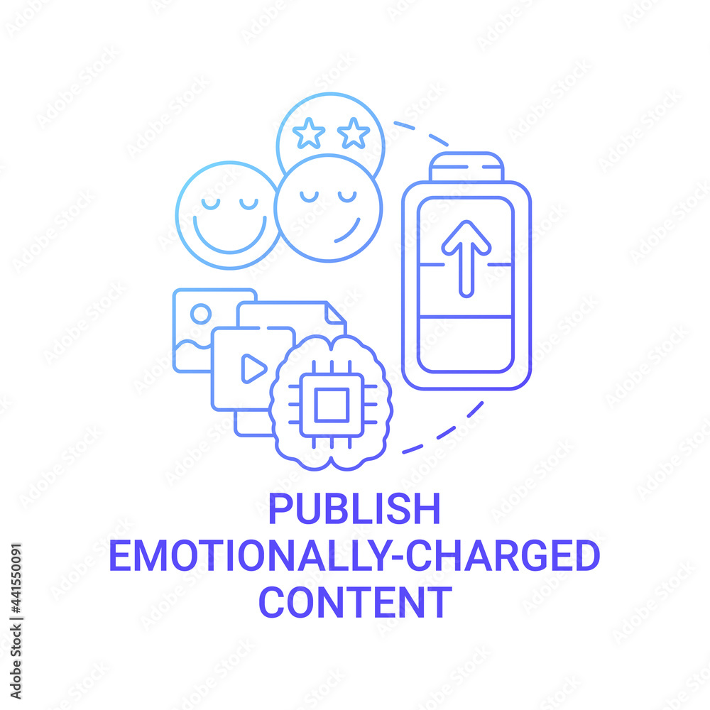 Publish emotionally-charged content concept icon. Create viral content abstract idea thin line illustration. Evoking high-arousal positive emotions. Vector isolated outline color drawing Publish emotionally-charged content concept icon. Create viral content abstract idea thin line illustration. Evoking high-arousal positive emotions. Vector isolated outline color drawing