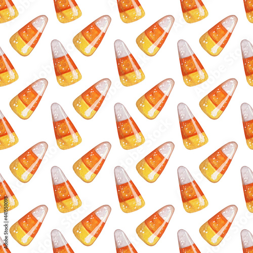 Watercolor illustration of halloween caramel pattern. Seamless repeating holiday candy print. Feast of All Saints. Sweet or nasty. Isolated on white background. Drawn by hand.