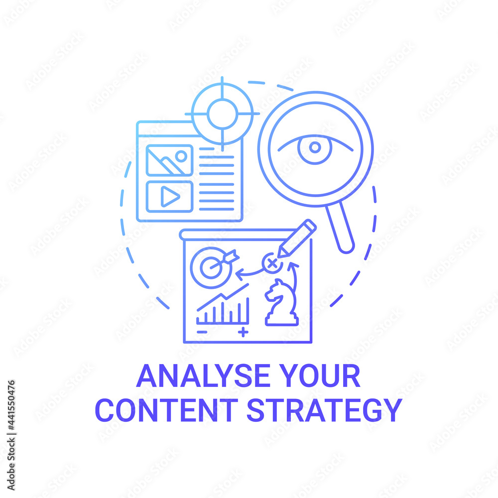 Analyse content strategy concept icon. Viral content technique abstract idea thin line illustration. Brand reputation. Earning audience engagement. Vector isolated outline color drawing Analyse content strategy concept icon. Viral content technique abstract idea thin line illustration. Brand reputation. Earning audience engagement. Vector isolated outline color drawing