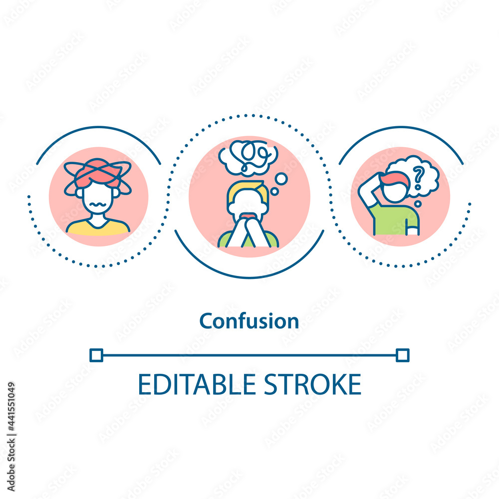 Confusion concept icon. Heat exhaustion abstract idea thin line illustration. Altered mental state. Consciousness loss. Dizziness, headache. Vector isolated outline color drawing. Editable stroke Confusion concept icon. Heat exhaustion abstract idea thin line illustration. Altered mental state. Consciousness loss. Dizziness, headache. Vector isolated outline color drawing. Editable stroke