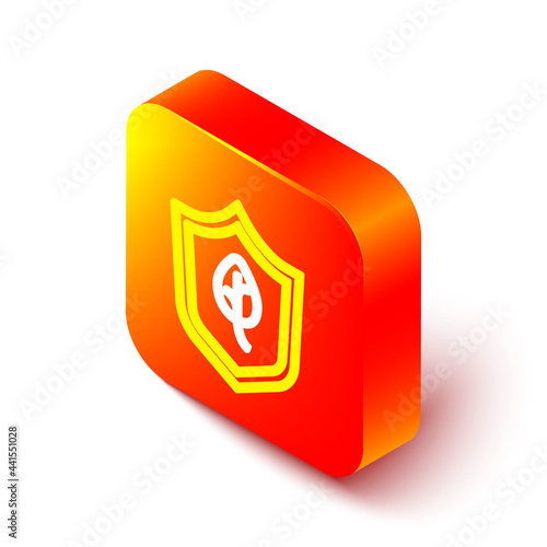 Isometric line Vegan food diet icon isolated on white background. Organic, bio, eco symbol. Vegan, no meat, lactose free, healthy, fresh and nonviolent food. Orange square button. Vector
