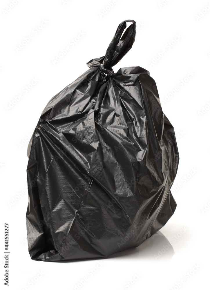 Black bag of rubbish on white background 