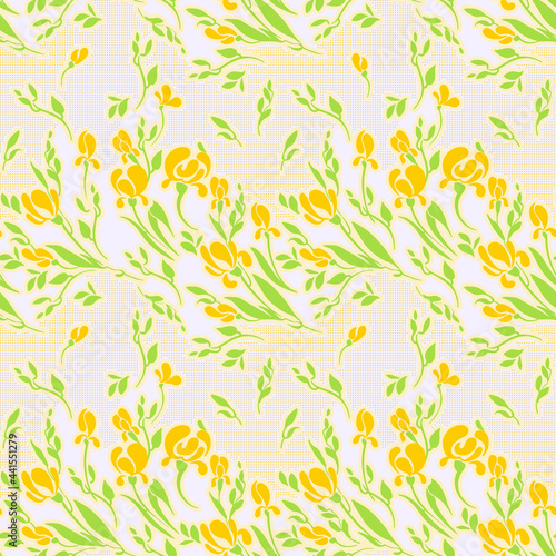 Bouquets of yellow tulips with small herbs on a light background. Seamless pattern with rows of flowers 
and small dots in the background. Ornament for pastel linen or wallpaper.