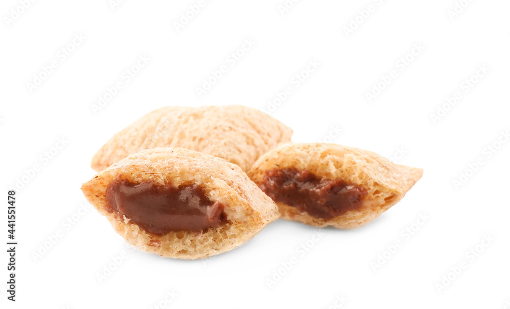 Sweet corn pads with chocolate filling on white background