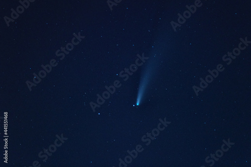 Comet Neowise in the night starry sky  amazing natural phenomenon  scientific background