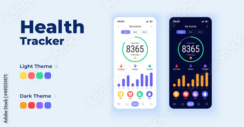 Health tracker cartoon smartphone interface vector templates set. Mobile app screen page day mode dark mode design. Informative UI for application. Phone display with flat elements
