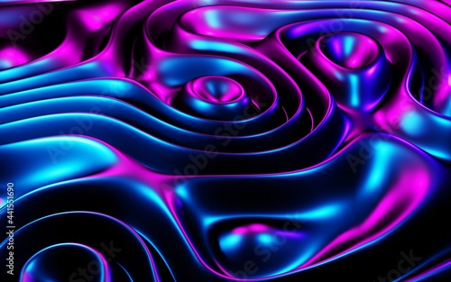 Cyberpunk background. Abstract wavy and round forms liquid in neon. Glossy gradient texture surface water, dark purple pink blue fluid stream. Futuristic backdrop 3d illustration, virtual reality