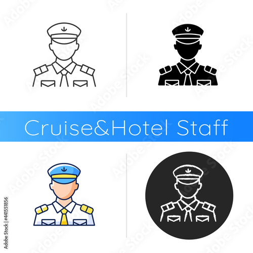 Male chief officer icon. Helping captain organize comfortable trip. Controlling crew. Cruise travel for visitors. Linear black and RGB color styles. Isolated vector illustrations