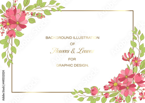 ピンクの花と植物を装飾したデザイン用のフレーム. 白背景にゴールドのフレーム. 招待状やウェルカムボード, メニュー表やラベルなどのテンプレート.