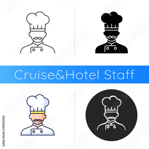Ship cook icon. Food preparation for passengers. Making meals during traveling. Serving eatery for customers. Linear black and RGB color styles. Isolated vector illustrations