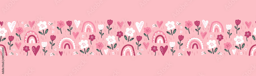 Cute hand drawn rainbows and flowers seamless pattern, lovely background, doodle style, great for textiles, banners, wallpapers, surfaces, wrapping - vector design