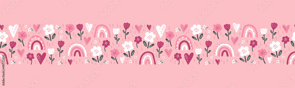 Cute hand drawn rainbows and flowers seamless pattern, lovely background, doodle style, great for textiles, banners, wallpapers, surfaces, wrapping - vector design Cute hand drawn rainbows and flowers seamless pattern, lovely background, doodle style, great for textiles, banners, wallpapers, surfaces, wrapping - vector design