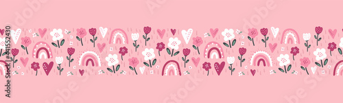 Cute hand drawn rainbows and flowers seamless pattern, lovely background, doodle style, great for textiles, banners, wallpapers, surfaces, wrapping - vector design
