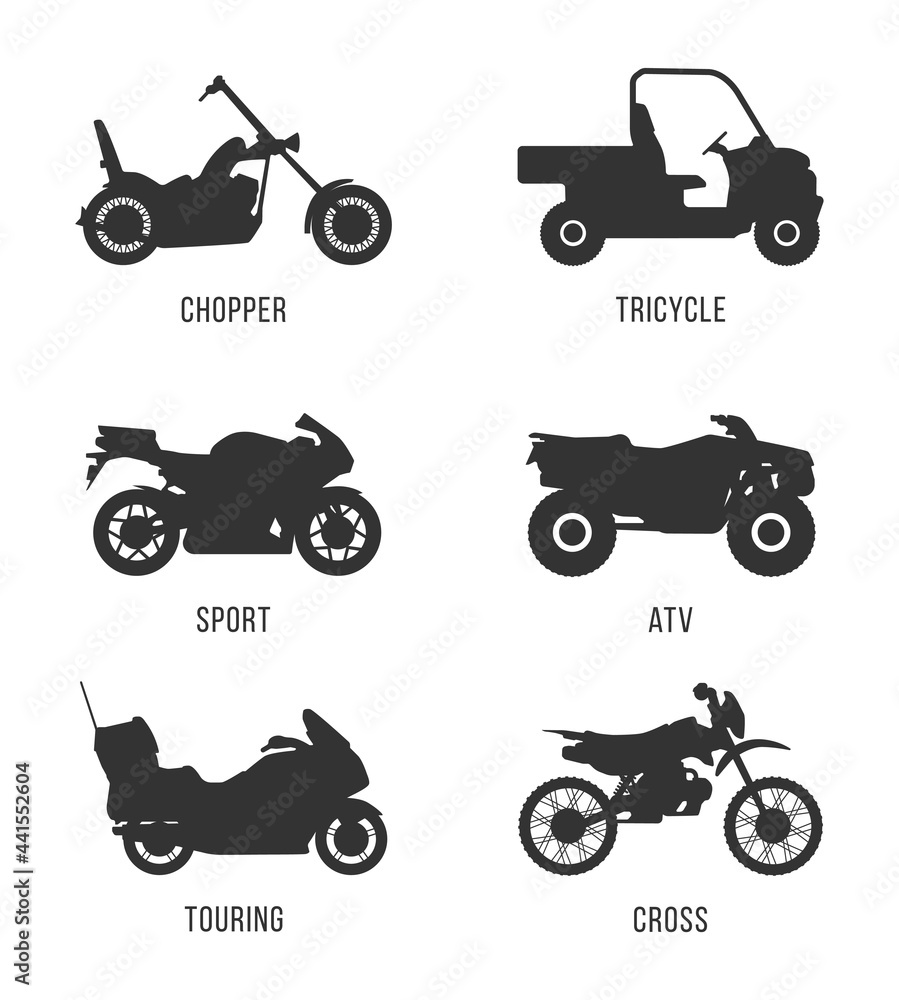 Obraz premium Motorcycle icon vector logo template. Side view, profile. Types of motorcycles