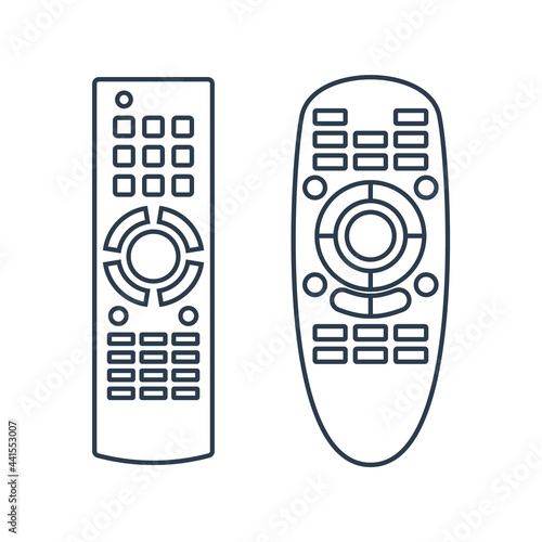 Remote control. Technology communication switch button. Two kinds program device. Wireless keyboard. Isolated flat illustration on white backdrop. Black contour line. Universal electronic controller