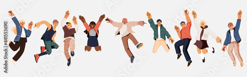 Happy jumping people. Young man and women happy dancing. Cheerful corporate employees cartoon characters set. The concept of friendship, success and teamwork, Music and party. Flat vector illustration