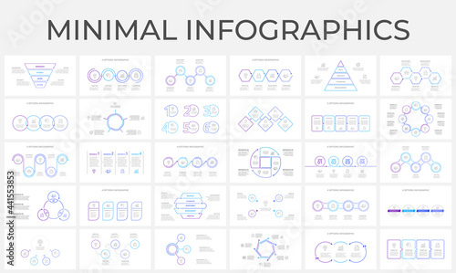 Huge bundle with 30 infographics slide. Circles, pyramids, flowcharts, abstract diagrams and timelines. Line minimal design concept. Vector info graphic business templates