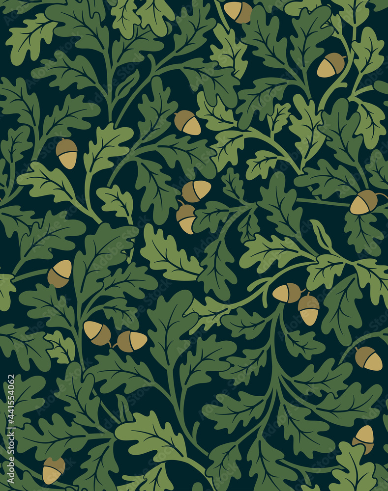 Floral seamless pattern with oak leaves and acorns on dark background. Vector illustration. - obrazy, fototapety, plakaty 