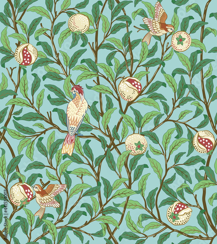 Vintage birds in foliage with birds and fruits seamless pattern on light green background. Middle ages William Morris style. Vector illustration.