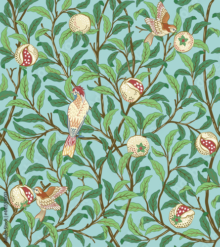 Vintage birds in foliage with birds and fruits seamless pattern on light green background. Middle ages William Morris style. Vector illustration. photo