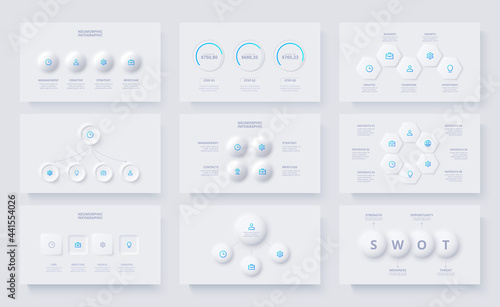 Nine slides with neumorphic infographics elements. Circles, rings, hexagons and charts info graphic design templates. Set of Infograph concept with 3, 4, 5 and 6 options