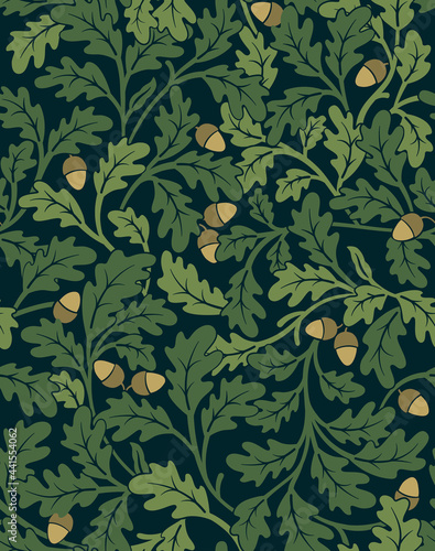 Floral seamless pattern with oak leaves and acorns on dark background. Vector illustration.