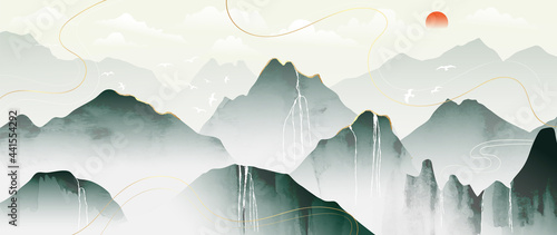 Blue mountain and golden line arts background vector. Oriental Luxury landscape background design with watercolor brush and gold line texture. Wallpaper design, Wall art for home decor and prints.