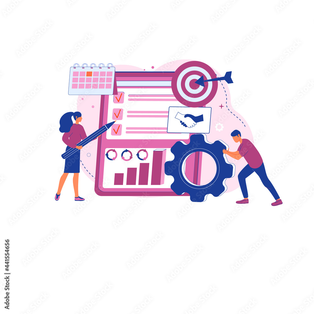 Vector illustration of active business plan concept. Business mission, competitive intelligence concept with tiny people. Metaphor. Flat style. Pink and blue. Isolated - obrazy, fototapety, plakaty 