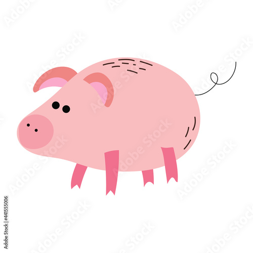 Pink pig with swirling tail. Farm livestock. flat character of domestic animal. Design for children book or sticker. Colorful flat vector icon.
