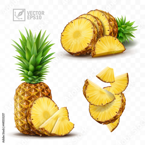 3d realistic isolated vector pineapple set, whole pineapple with leaves, falling pineapple slices and pineapple slices and a half