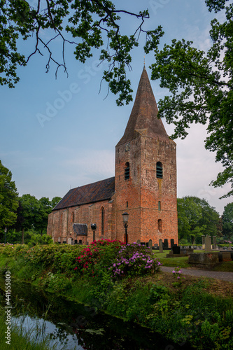 The famous gothic Nicholas Church of Onstwedde in the Groningen municipality of Stadskanaal with the more than 41 meters high Juffertoren, province of Groningen, the Netherlands