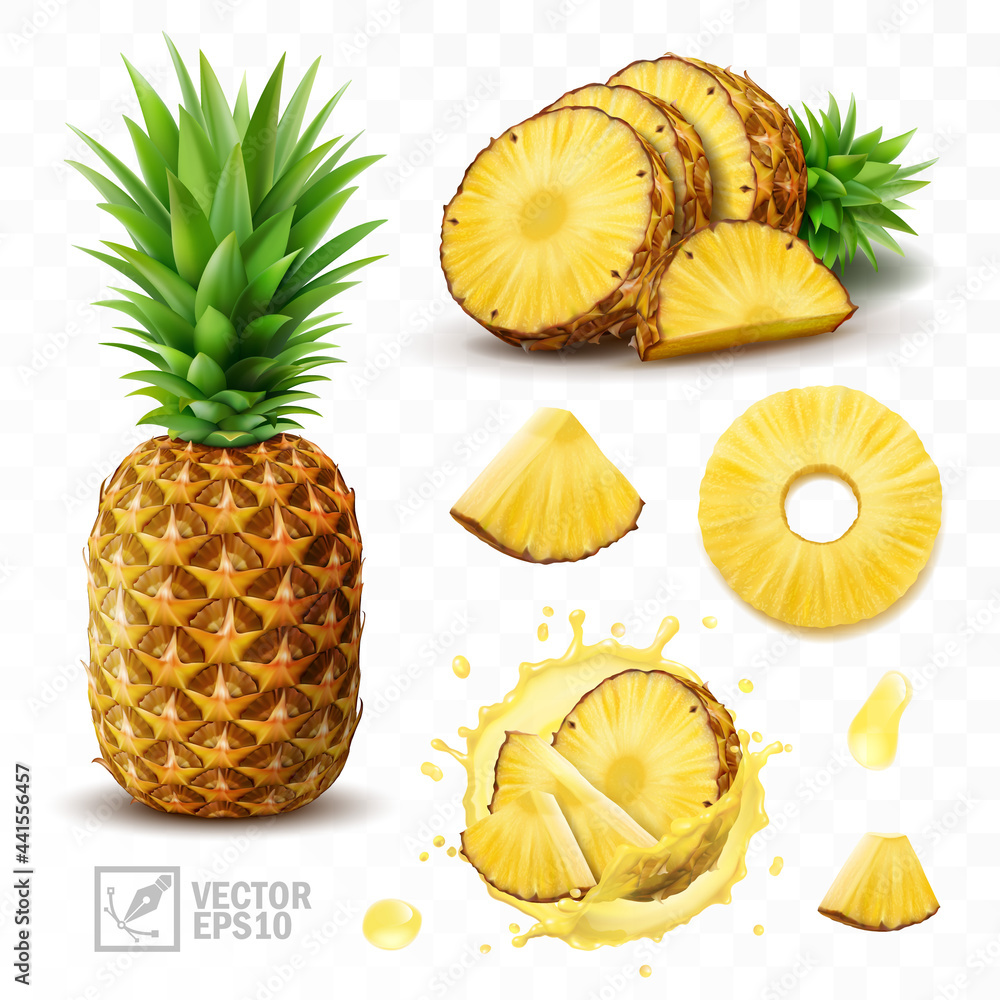 3d realistic isolated vector set of pineapple with juice splash, whole pineapple with leaves and splash with drops, falling pineapple slices in pineapple juice and pineapple slices with a half - obrazy, fototapety, plakaty 