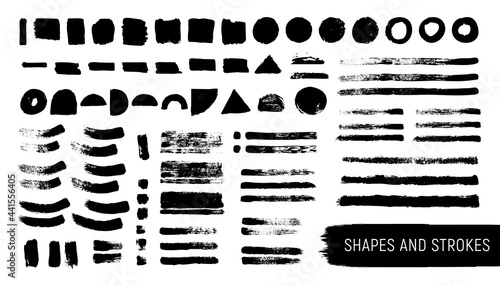 Artistic isolated realistic textured brushstrokes and shapes kit.