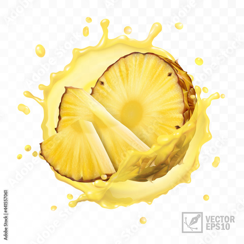 3d realistic isolated vector set of pineapple with juice splash, slices in pineapple juice and pineapple pieces a half