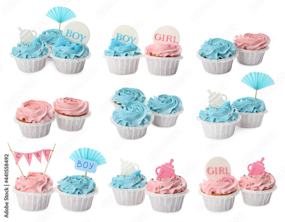 Set of decorated baby shower cupcakes with blue and pink cream on white background Set of decorated baby shower cupcakes with blue and pink cream on white background