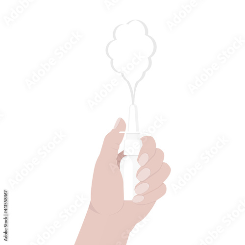 Nasal spray in hand. hand holds drops of nasal spray. eucalyptus branches. Using sprays to ease breathing during the allergy and illness
