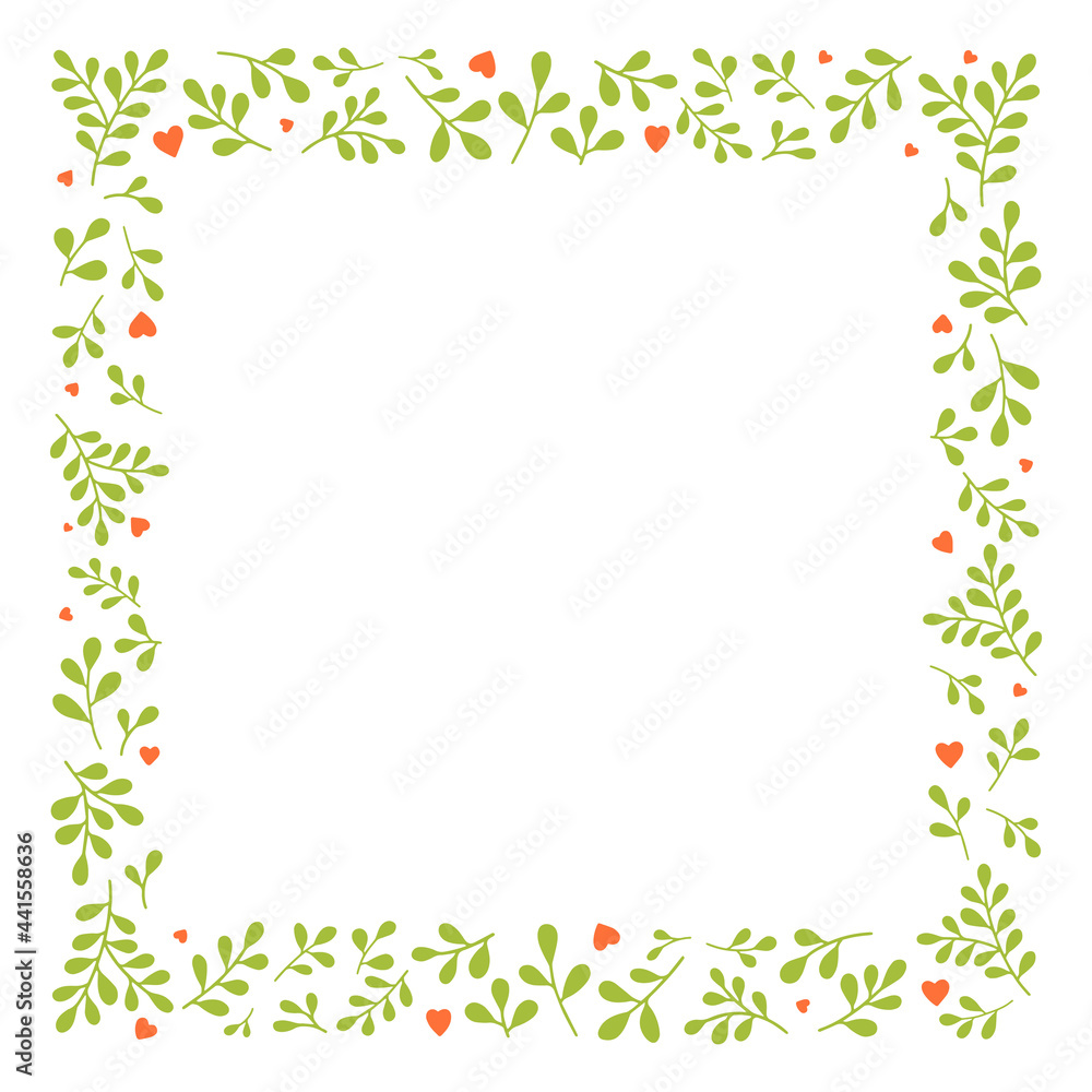 Elegant frame with leaves twigs and red hearts. Perfect for wedding invitations, postcards, decor, girl celebrations and more. 