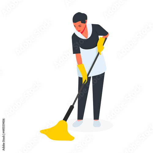 a woman maid does cleaning, washes the floor with a mop in yellow gloves, cleaning, disinfection of floor surfaces,