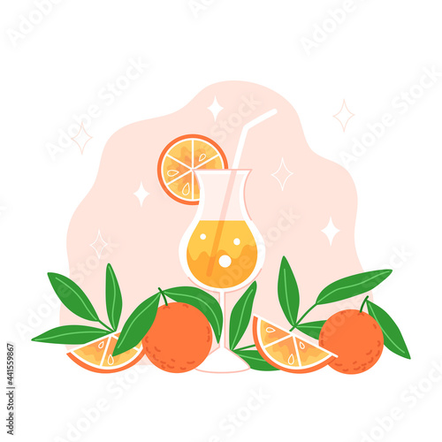 Cold drink, oranges and leaves in flat style