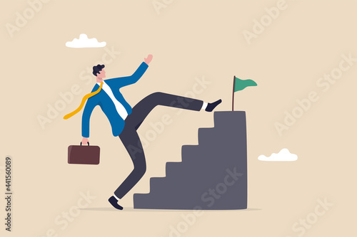 Shortcut or advancement in career development or work to achieve target, skip step to reach goal or beginner mistake by try hard way to success concept, businessman skip stair step to reach target.