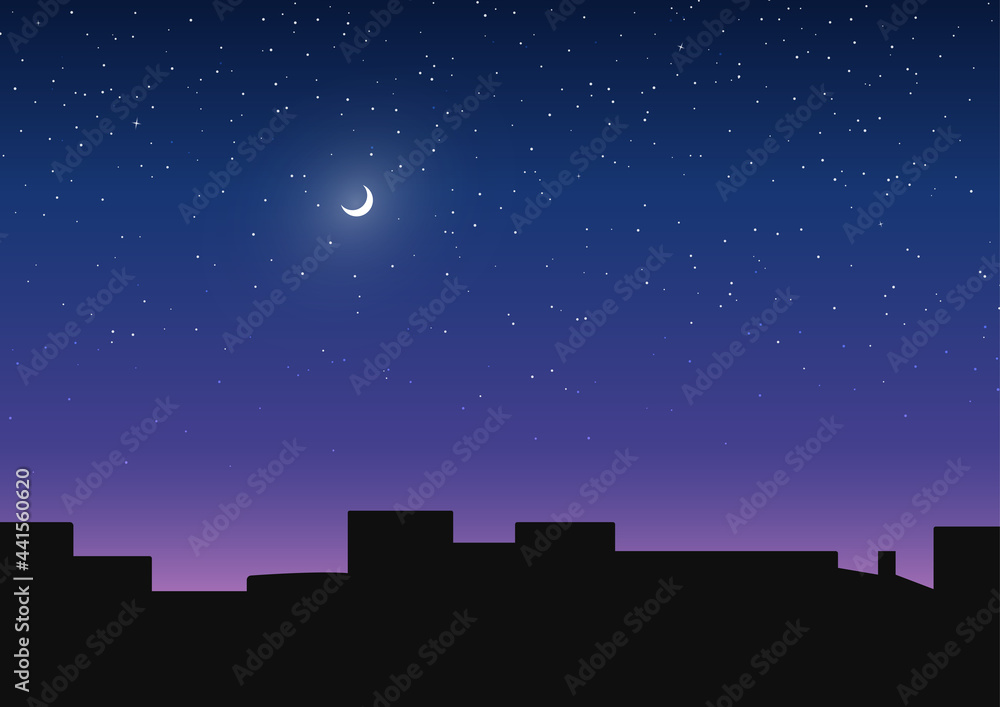 Night city in flat design style. Silhouette of the buildings. Starry night and bright crescent moon. Vector illustration.