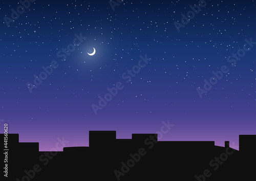 Night city in flat design style. Silhouette of the buildings. Starry night and bright crescent moon. Vector illustration.