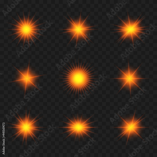 Shiny orange star light effect set vector illustration on transparent background