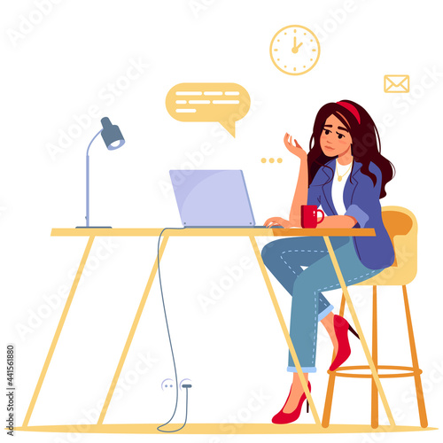 Modern young woman uses a laptop when working, studying, blogging, communication or programming. Work from home, freelancer, student. Concept of cute girl in a convenient workplace