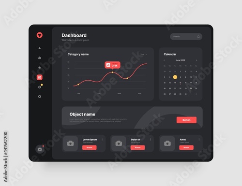 Dashboard design in dark colors. App interface with UI and UX elements. Use design for web application, desktop or mobile app.