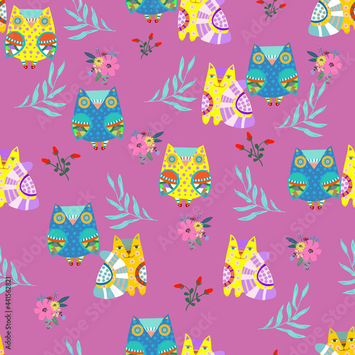 Seamless pattern with a fantastic owl and a cat drawn in folk style, vector